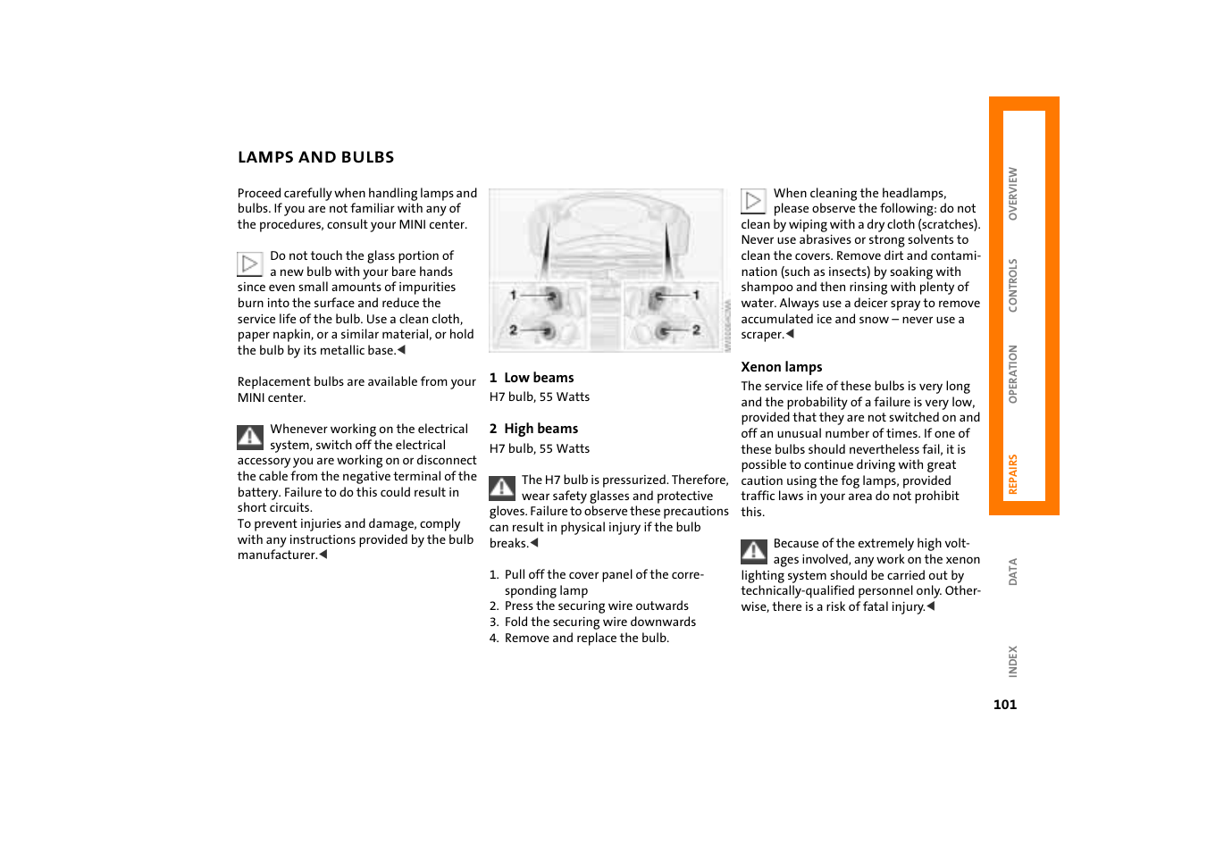 Lamps and bulbs, Lamps and bulbs 101 | Mini COOPER User Manual | Page 103 / 140