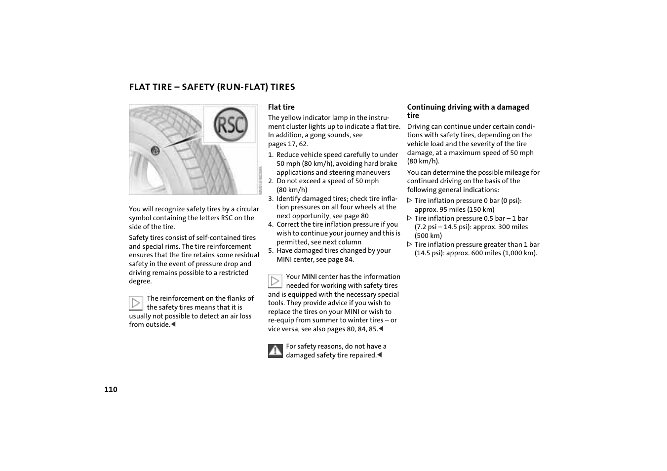 Flat tire – safety (run-flat) tires | Mini COOPER User Manual | Page 112 / 140