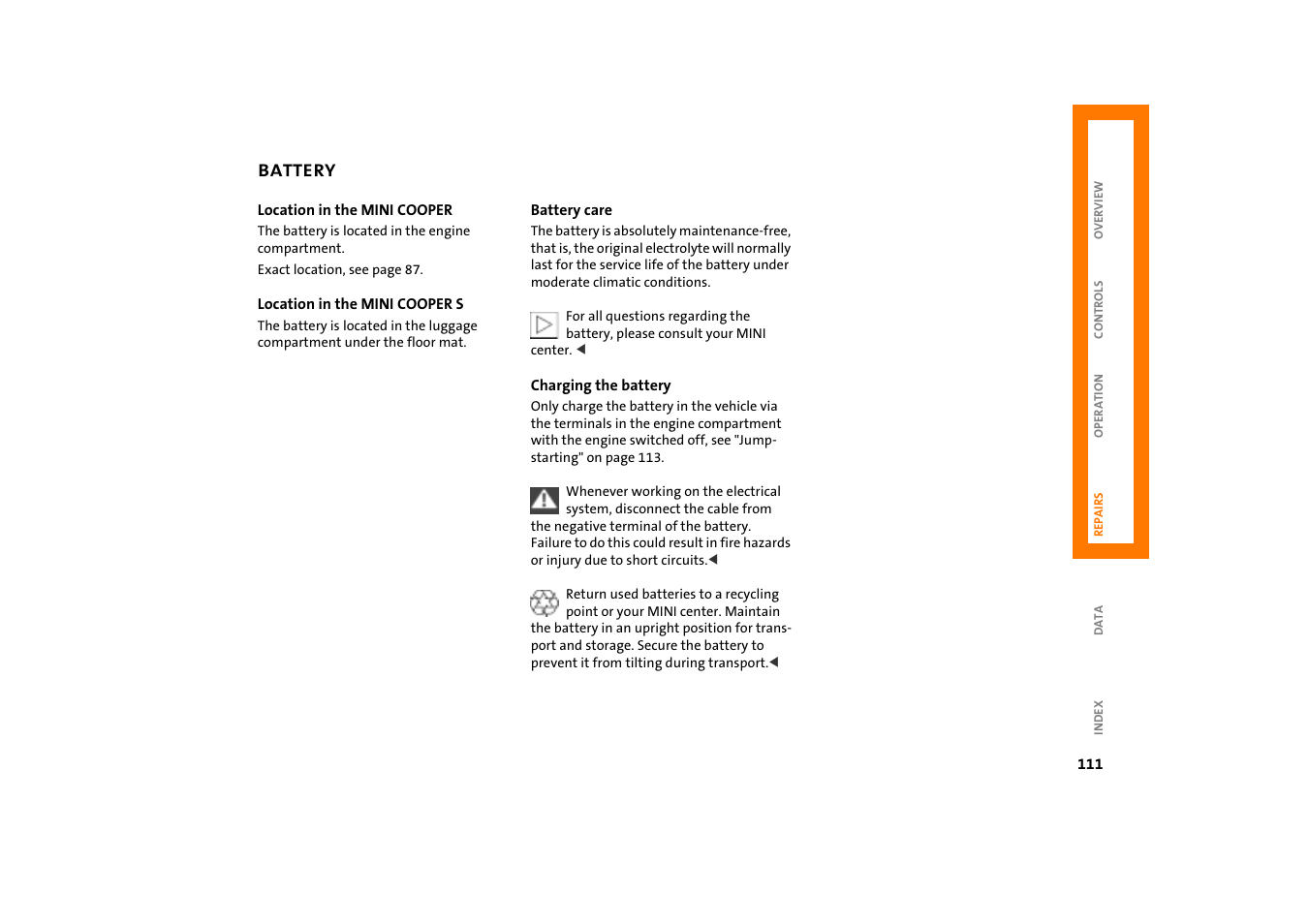 Battery, Battery 111, Brake fluid reservoir | Mini COOPER User Manual | Page 113 / 140