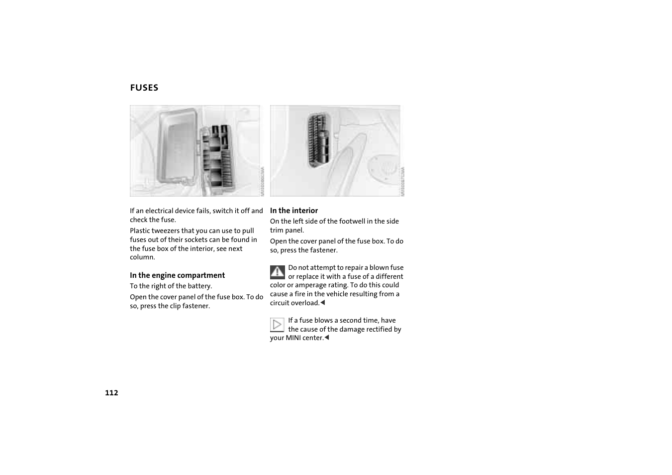 Fuses, Fuses 112 | Mini COOPER User Manual | Page 114 / 140