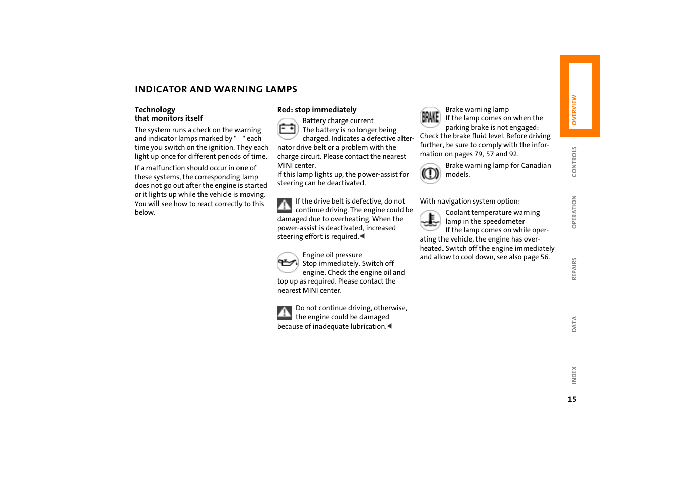 Indicator and warning lamps, Adjustments | Mini COOPER User Manual | Page 17 / 140