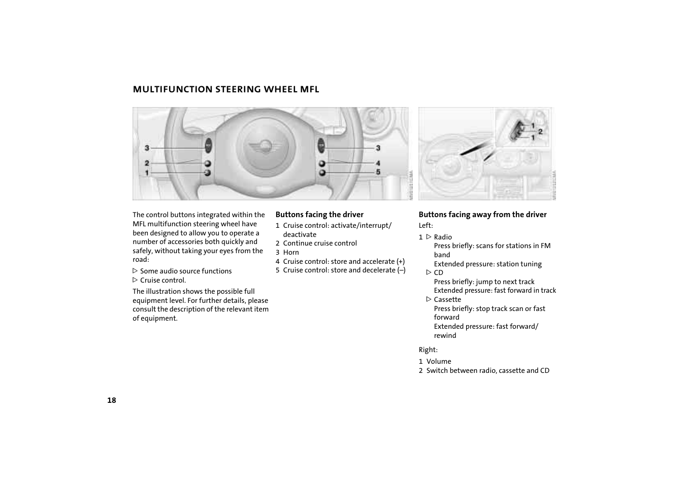 Multifunction steering wheel mfl, Sliding/tilt sunroof, Roller sun blind | Mini COOPER User Manual | Page 20 / 140