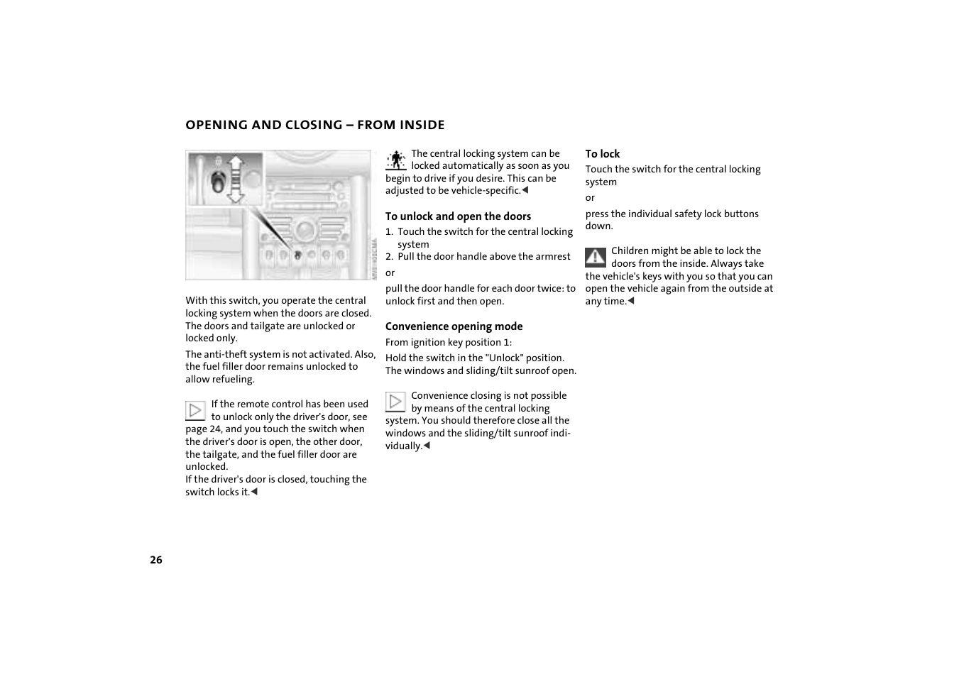 Opening and closing – from inside | Mini COOPER User Manual | Page 28 / 140