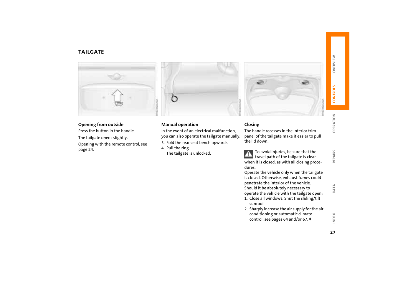 Tailgate, Opening and closing | Mini COOPER User Manual | Page 29 / 140