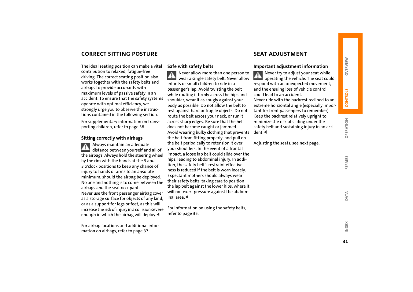 Correct sitting posture, Seat adjustment | Mini COOPER User Manual | Page 33 / 140