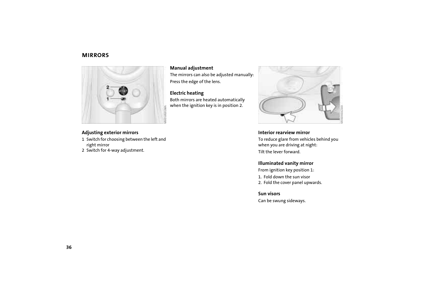 Mirrors, Outside mirror adjustment 36 | Mini COOPER User Manual | Page 38 / 140