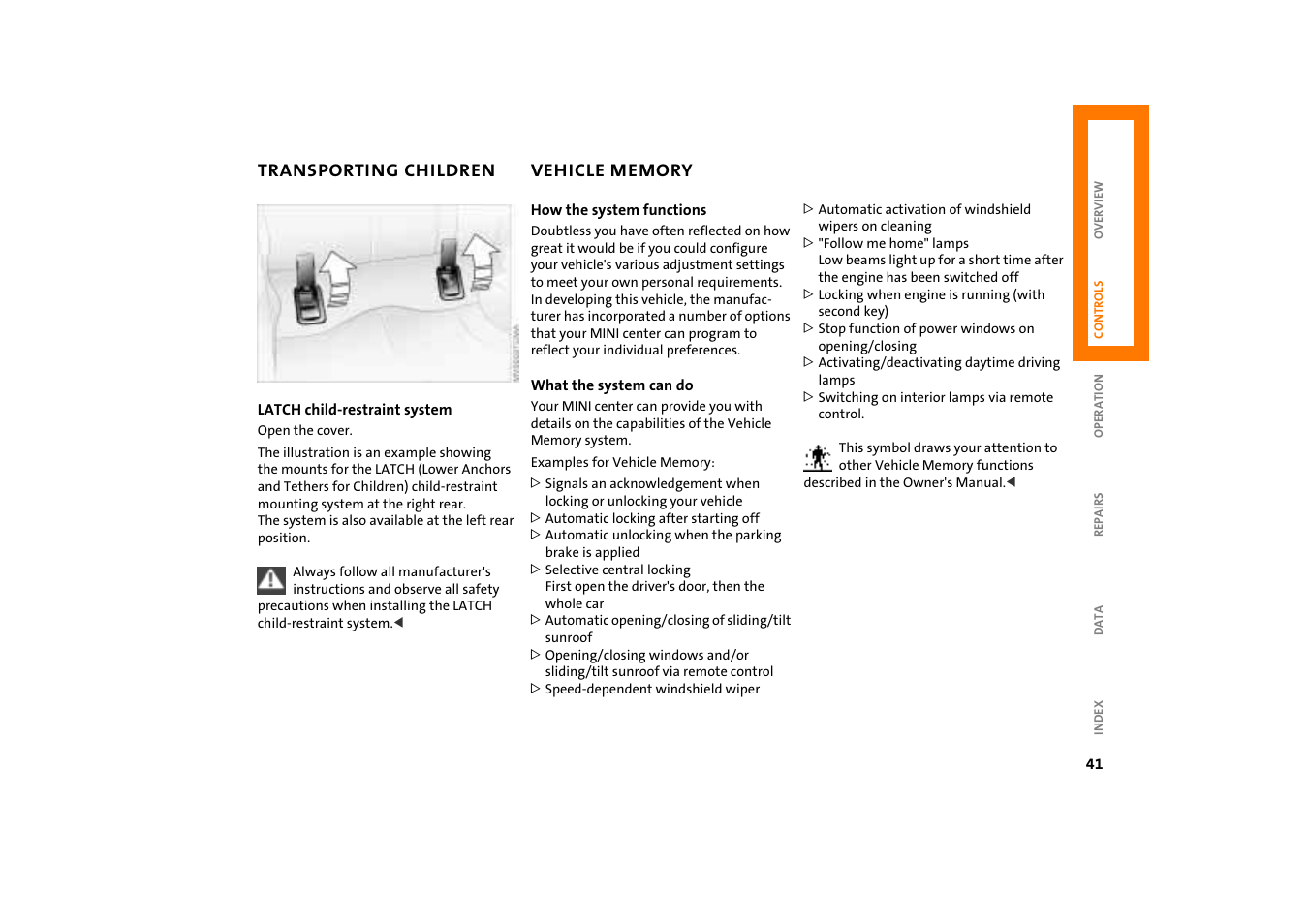 Vehicle memory | Mini COOPER User Manual | Page 43 / 140