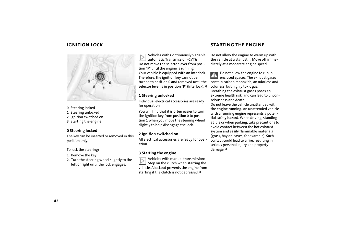 Ignition lock, Starting the engine, Ignition lock 42 starting the engine 42 | Mini COOPER User Manual | Page 44 / 140