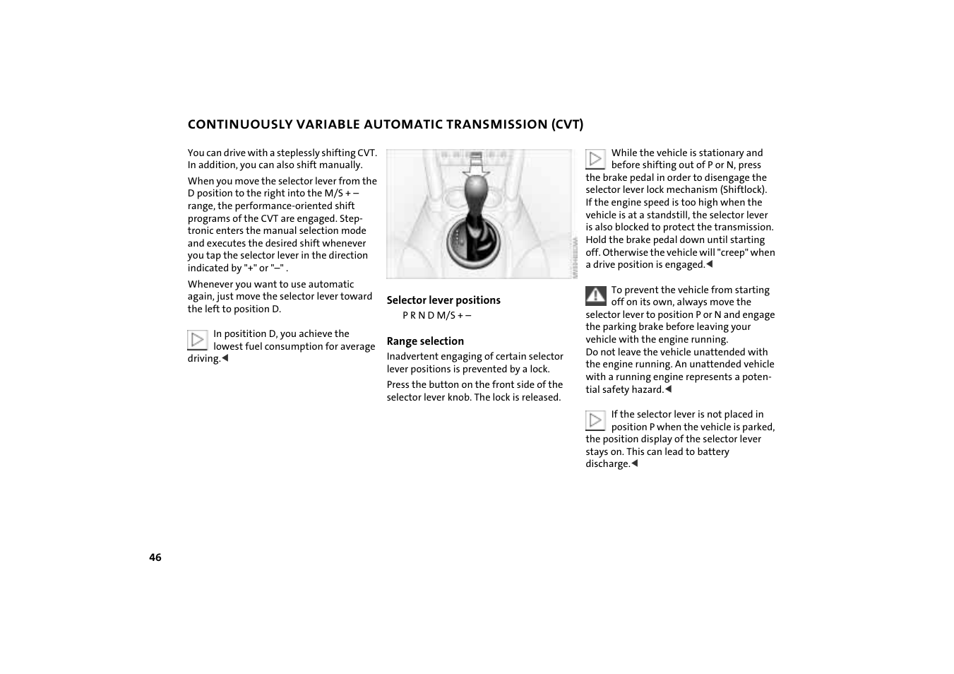 Continuously variable automatic transmission (cvt), Transmission (cvt) 46 | Mini COOPER User Manual | Page 48 / 140