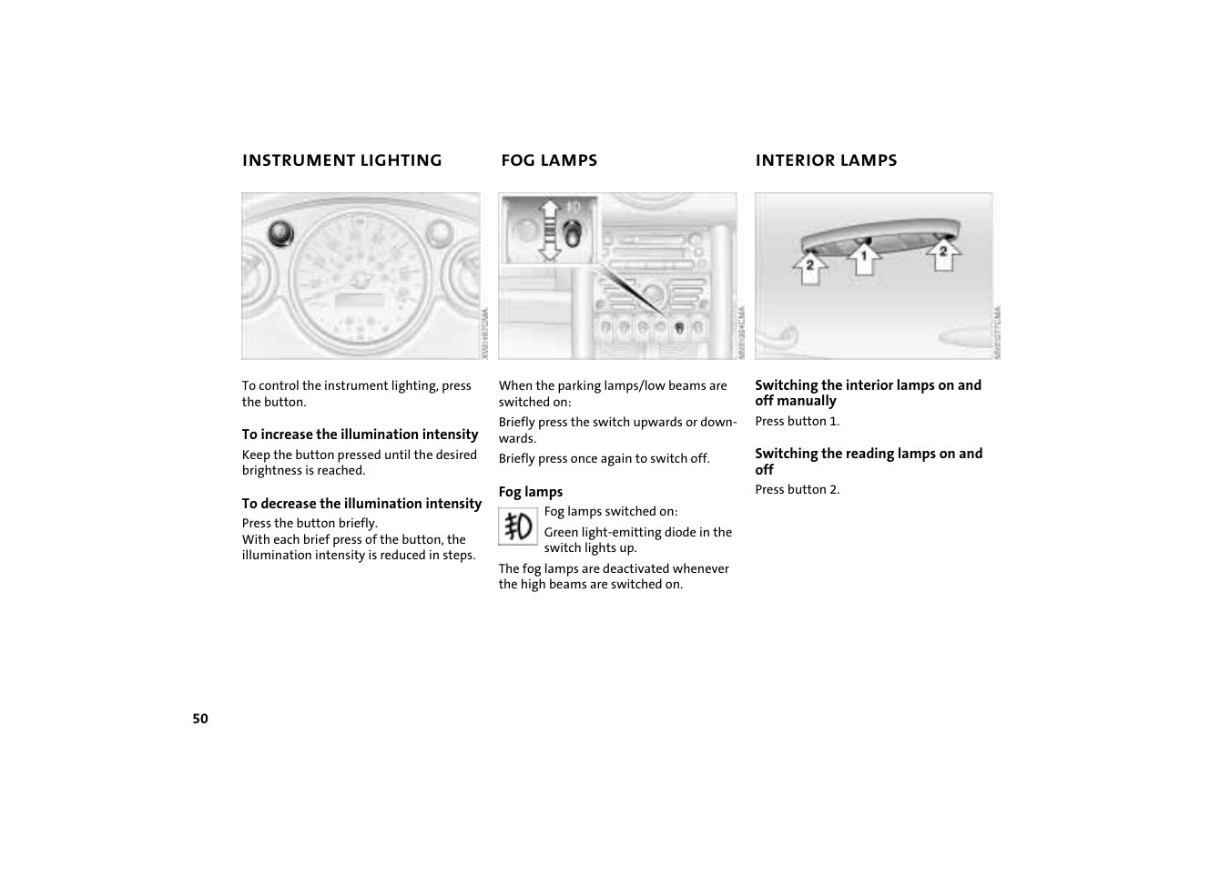 Instrument lighting, Fog lamps, Interior lamps | Instrument lighting 50, 50 interior lamps 50 | Mini COOPER User Manual | Page 52 / 140