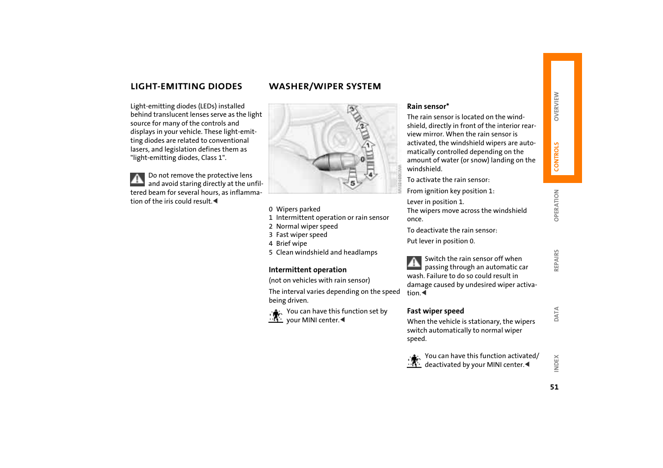 Light-emitting diodes, Washer/wiper system, Light-emitting diodes 51 | Washer/wiper system 51 | Mini COOPER User Manual | Page 53 / 140