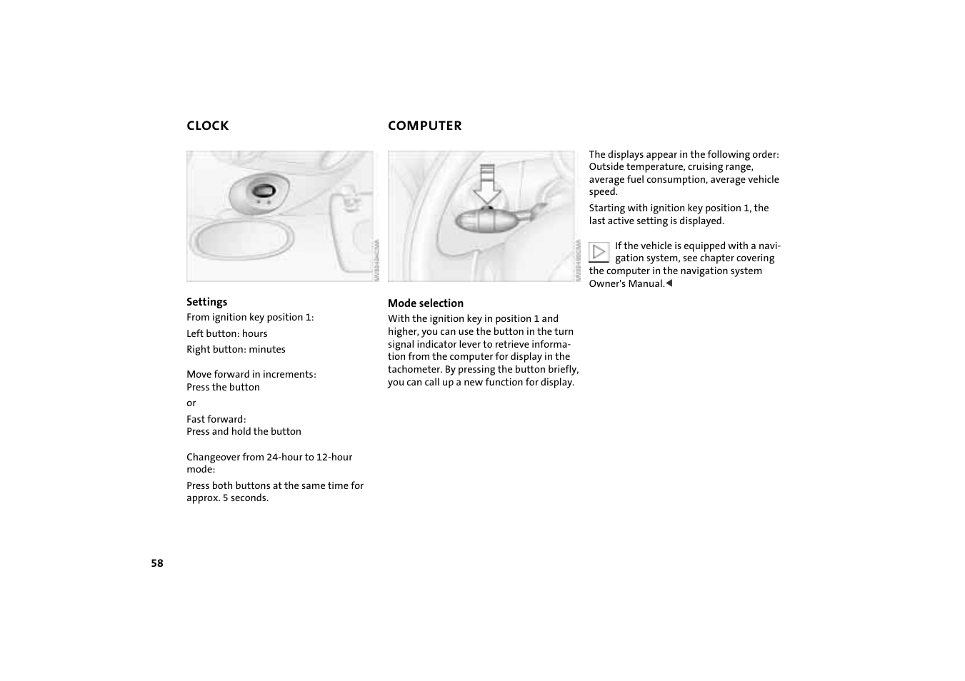 Clock, Computer, Computer 58 | Display for computer 58 | Mini COOPER User Manual | Page 60 / 140