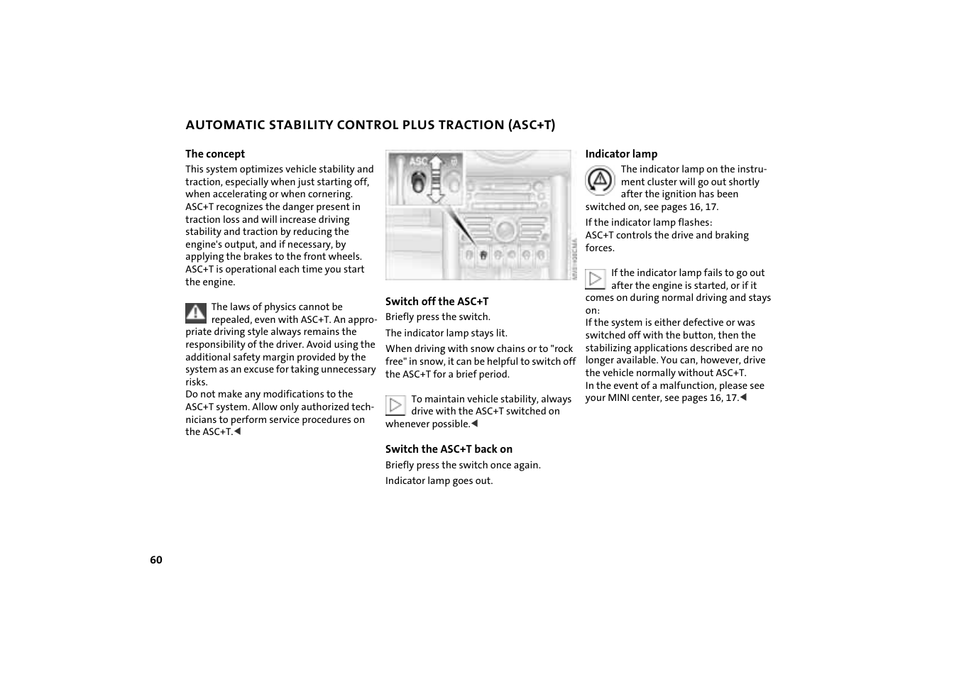 Automatic stability control plus traction (asc+t), Asc+t) 60 | Mini COOPER User Manual | Page 62 / 140