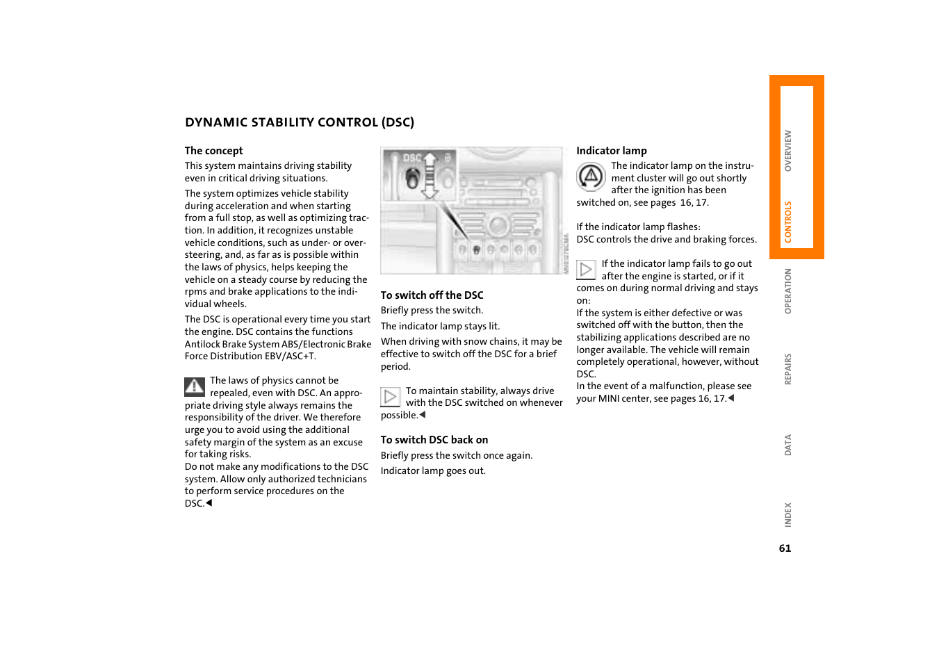 Dynamic stability control (dsc), Dynamic stability control (dsc) 61 | Mini COOPER User Manual | Page 63 / 140