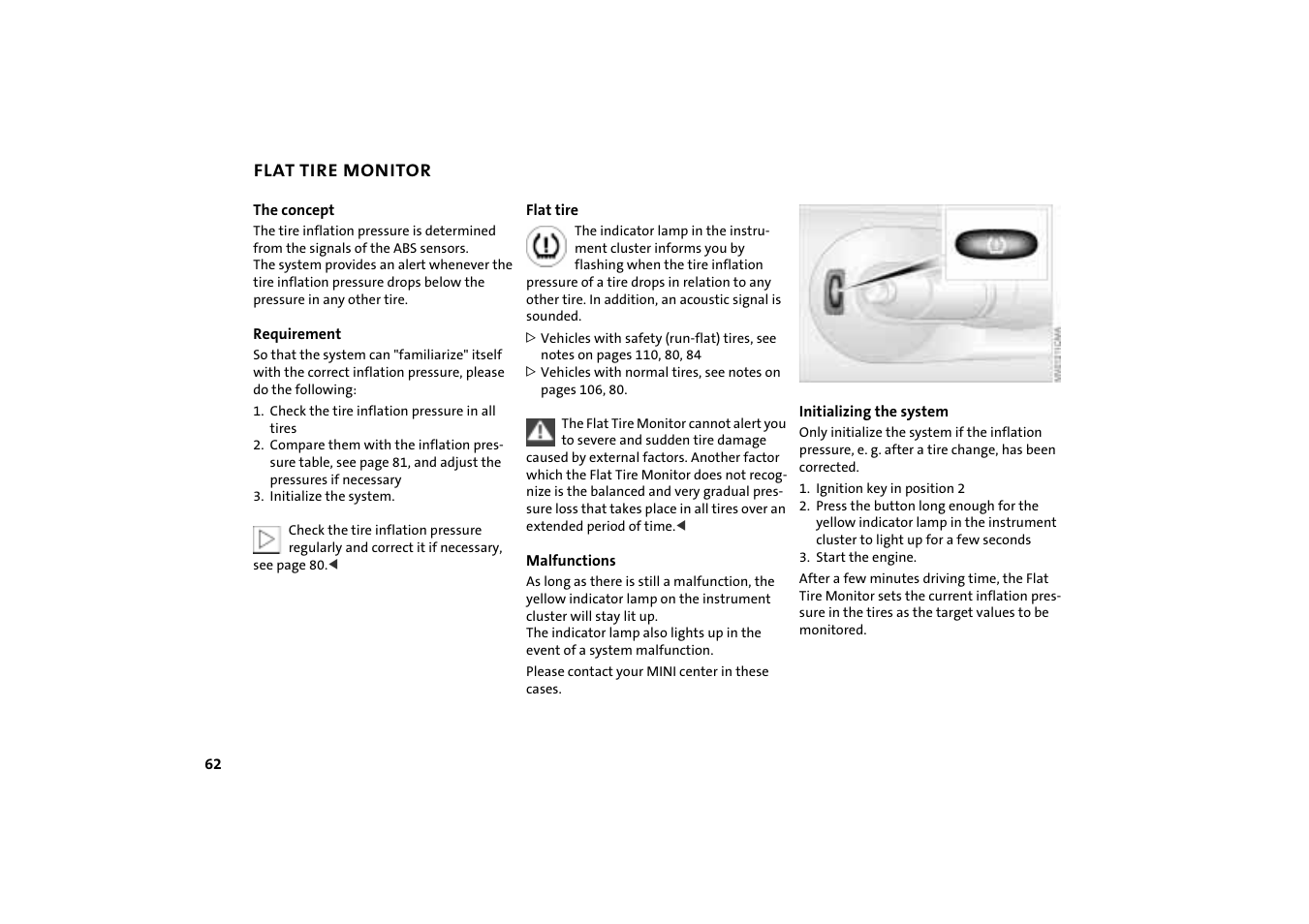 Flat tire monitor | Mini COOPER User Manual | Page 64 / 140