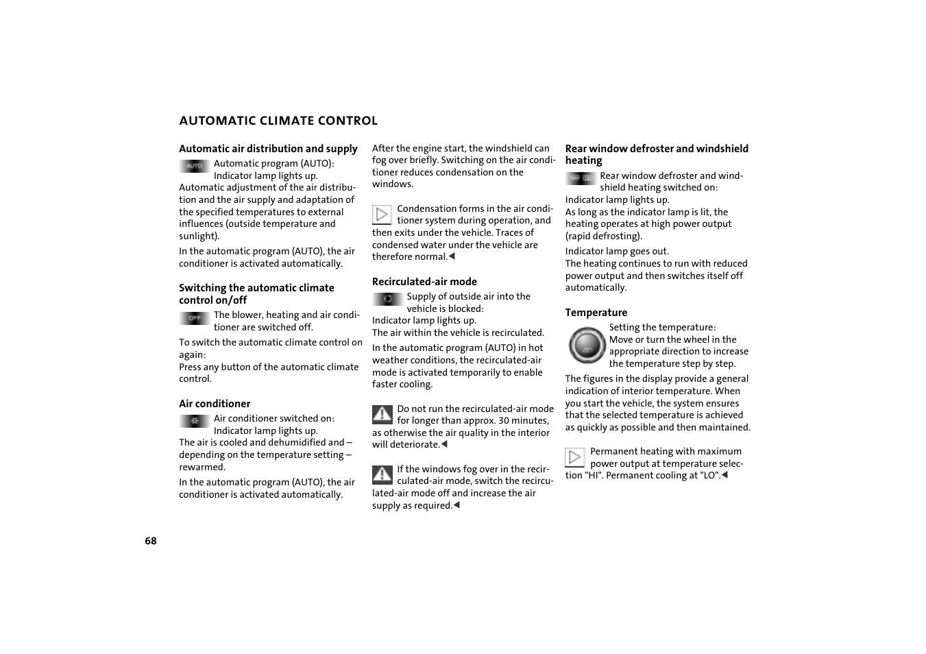 Air conditioner 68, Control on/off 68 | Mini COOPER User Manual | Page 70 / 140