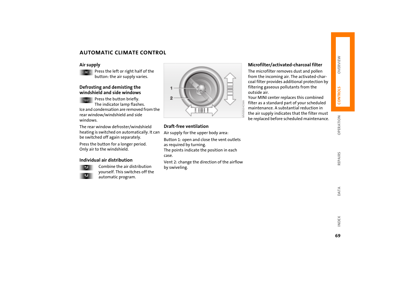 Windshield and side windows 69, Individual air distribution 69 | Mini COOPER User Manual | Page 71 / 140
