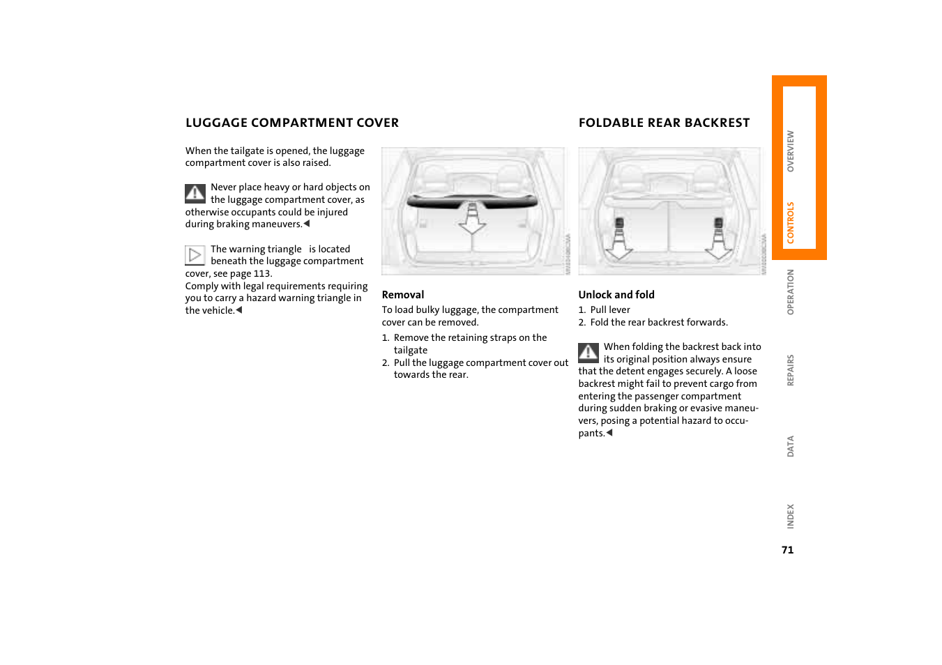 Luggage compartment cover, Foldable rear backrest | Mini COOPER User Manual | Page 73 / 140