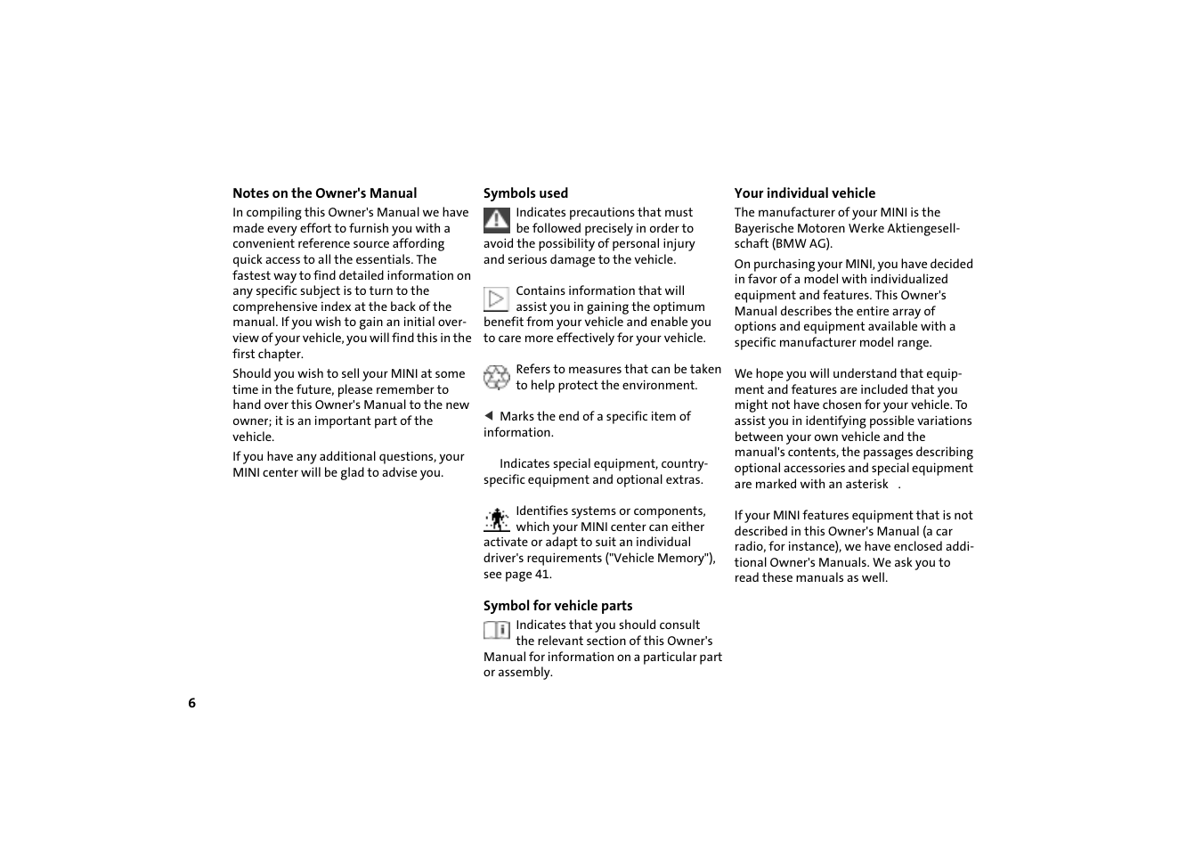 Notes, Symbols, Your individual vehicle | Mini COOPER User Manual | Page 8 / 140