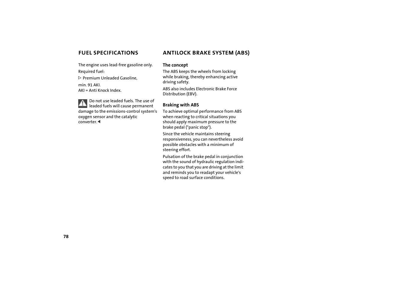 Fuel specifications, Antilock brake system (abs) | Mini COOPER User Manual | Page 80 / 140