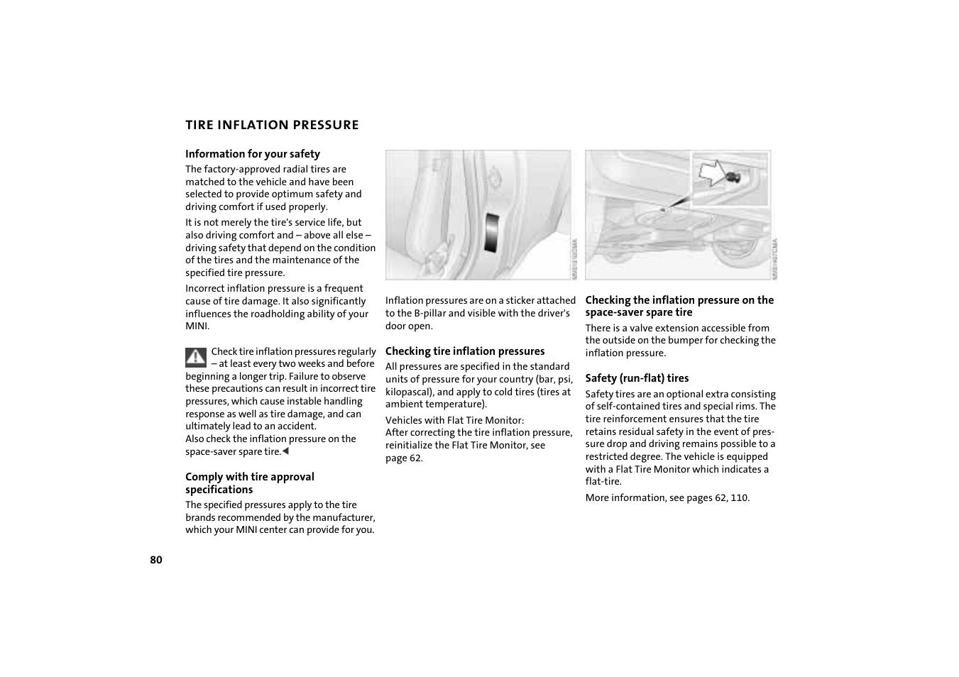 Tire inflation pressure, Tire inflation pressure 80 | Mini COOPER User Manual | Page 82 / 140