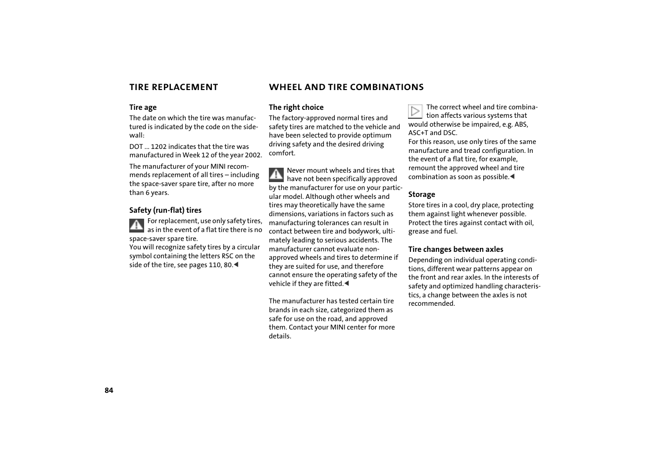 Wheel and tire combinations, Wheel and tire combinations 84 | Mini COOPER User Manual | Page 86 / 140