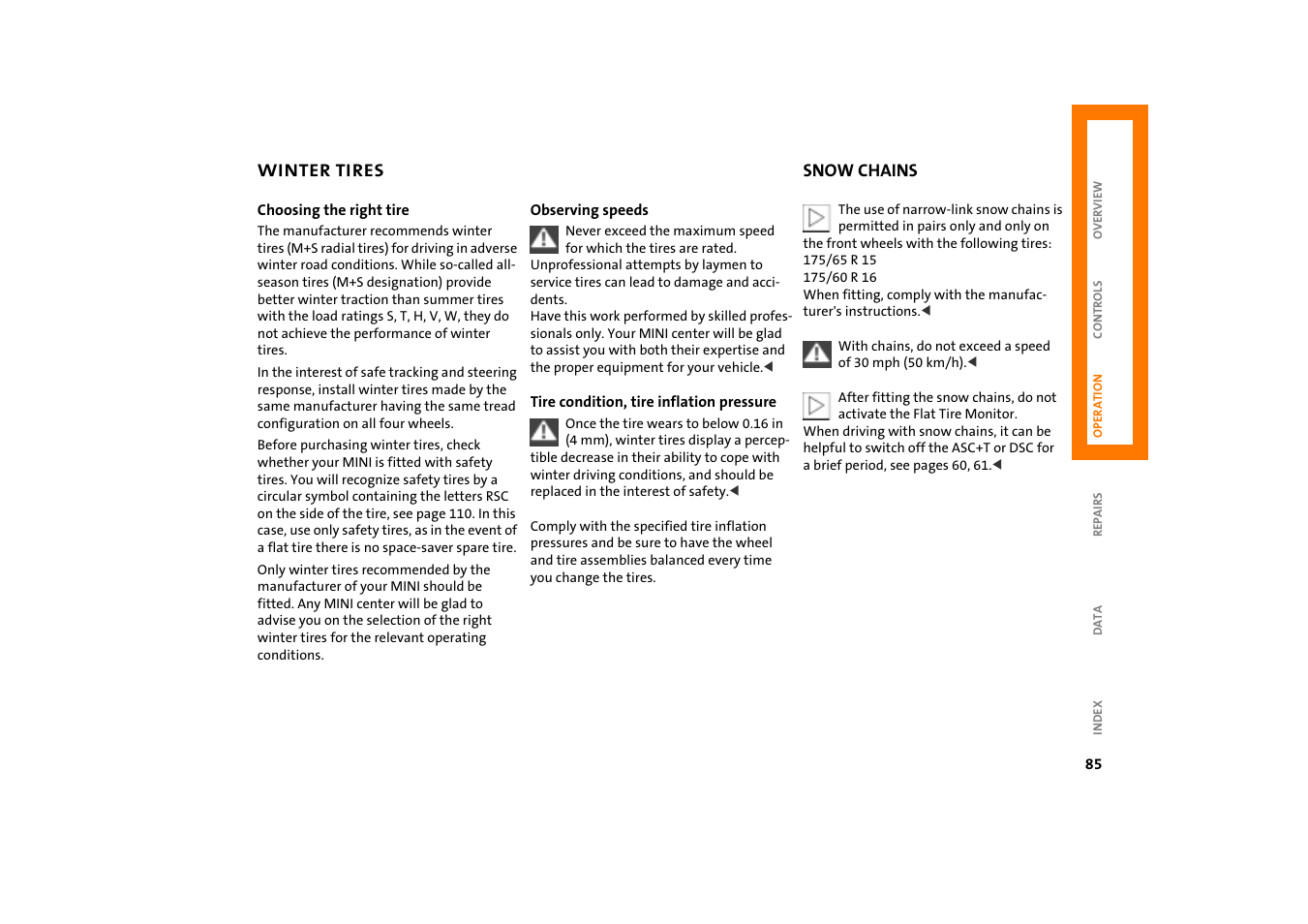 Winter tires, Snow chains, 85 snow chains 85 | Mini COOPER User Manual | Page 87 / 140