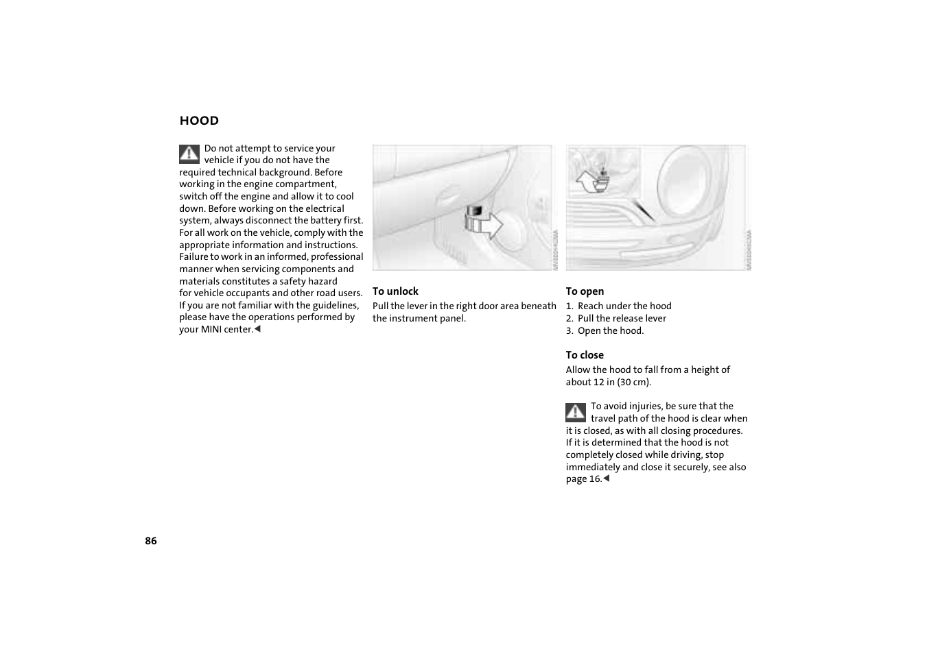 Hood, Hood 86, Hood release 86 | Mini COOPER User Manual | Page 88 / 140