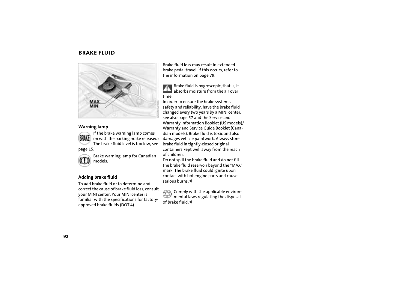 Brake fluid, Brake fluid 92, Coolant expansion tank | Brake fluid reservoir 92 | Mini COOPER User Manual | Page 94 / 140