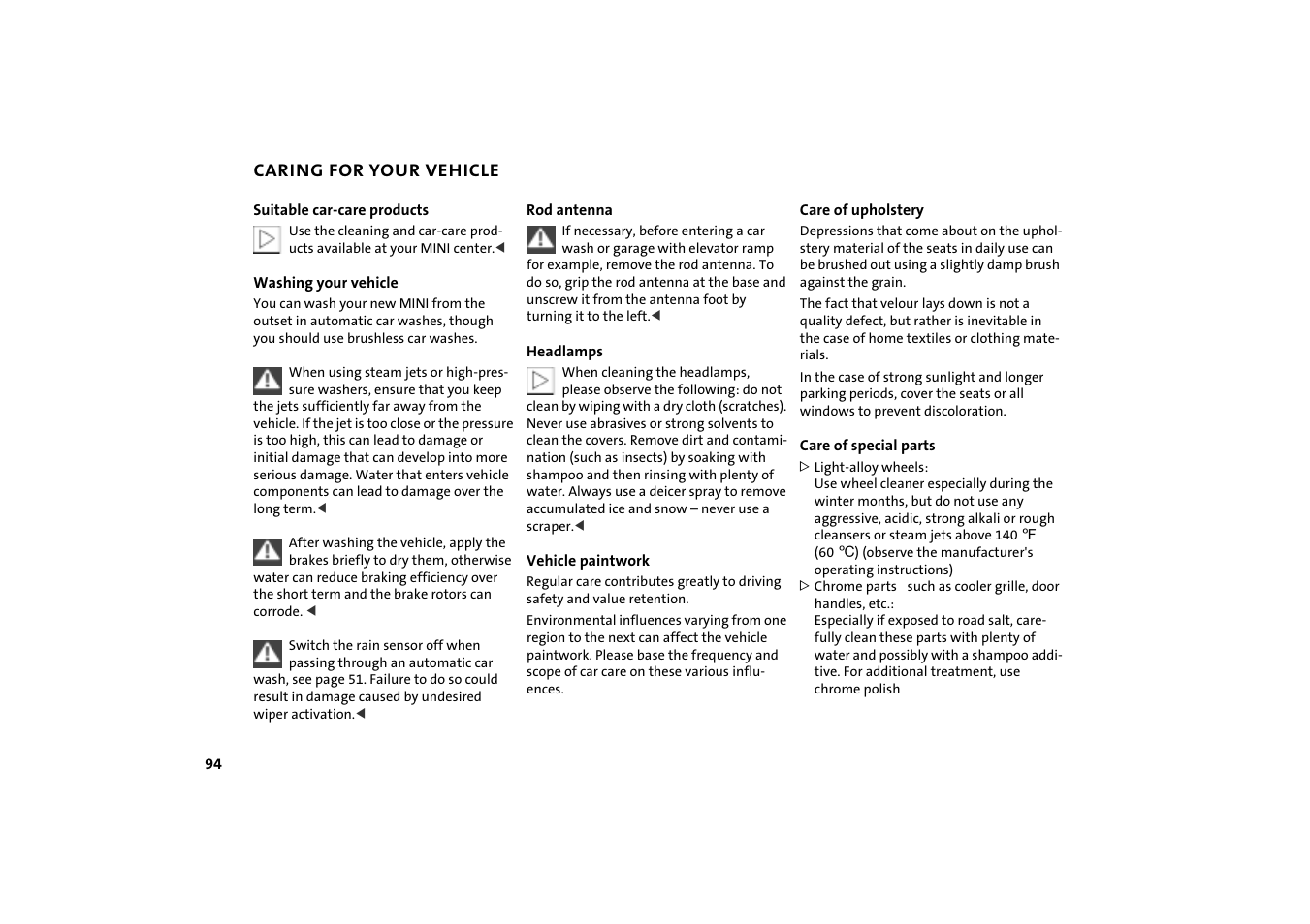 Caring for your vehicle, Caring for your vehicle 94 | Mini COOPER User Manual | Page 96 / 140