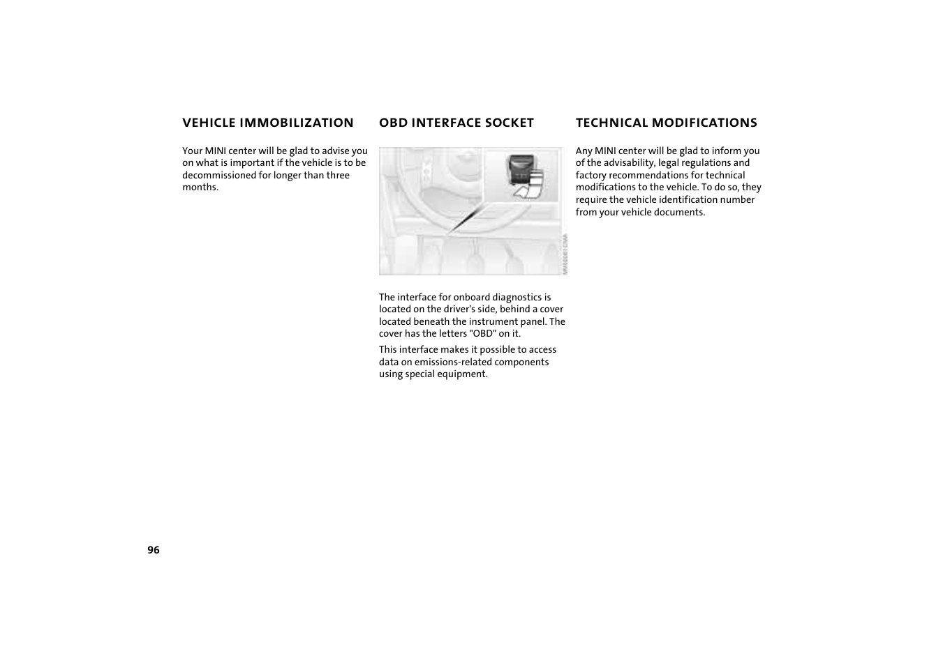 Vehicle immobilization, Obd interface socket, Technical modifications | Obd interface socket 96 technical modifications 96, Obd interface socket 96 | Mini COOPER User Manual | Page 98 / 140