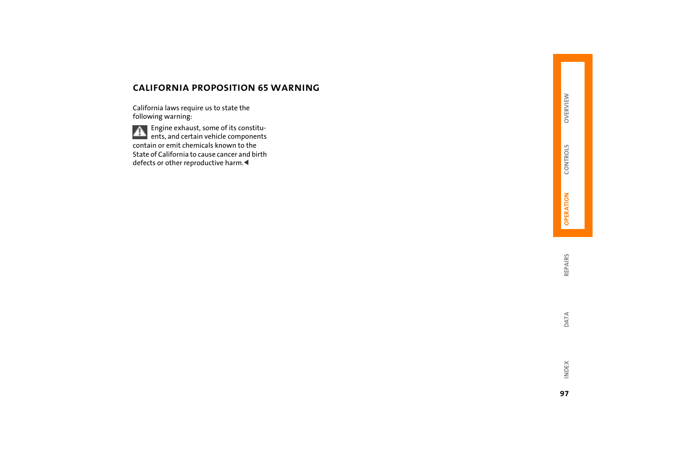 California proposition 65 warning, California proposition 65 warning 97 | Mini COOPER User Manual | Page 99 / 140