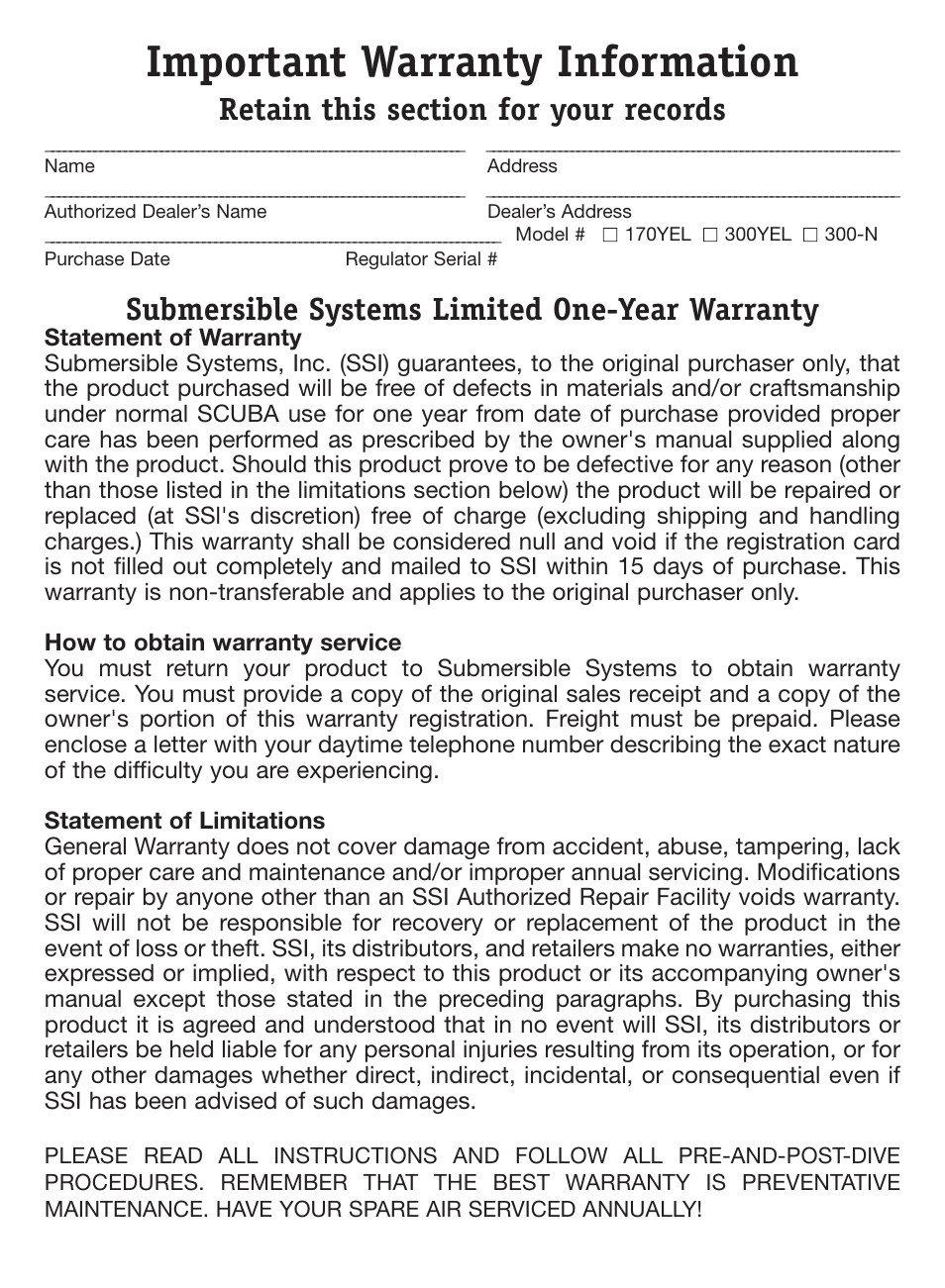 Important warranty information, Submersible systems limited one-year warranty | Mini SPARE AIR User Manual | Page 10 / 20
