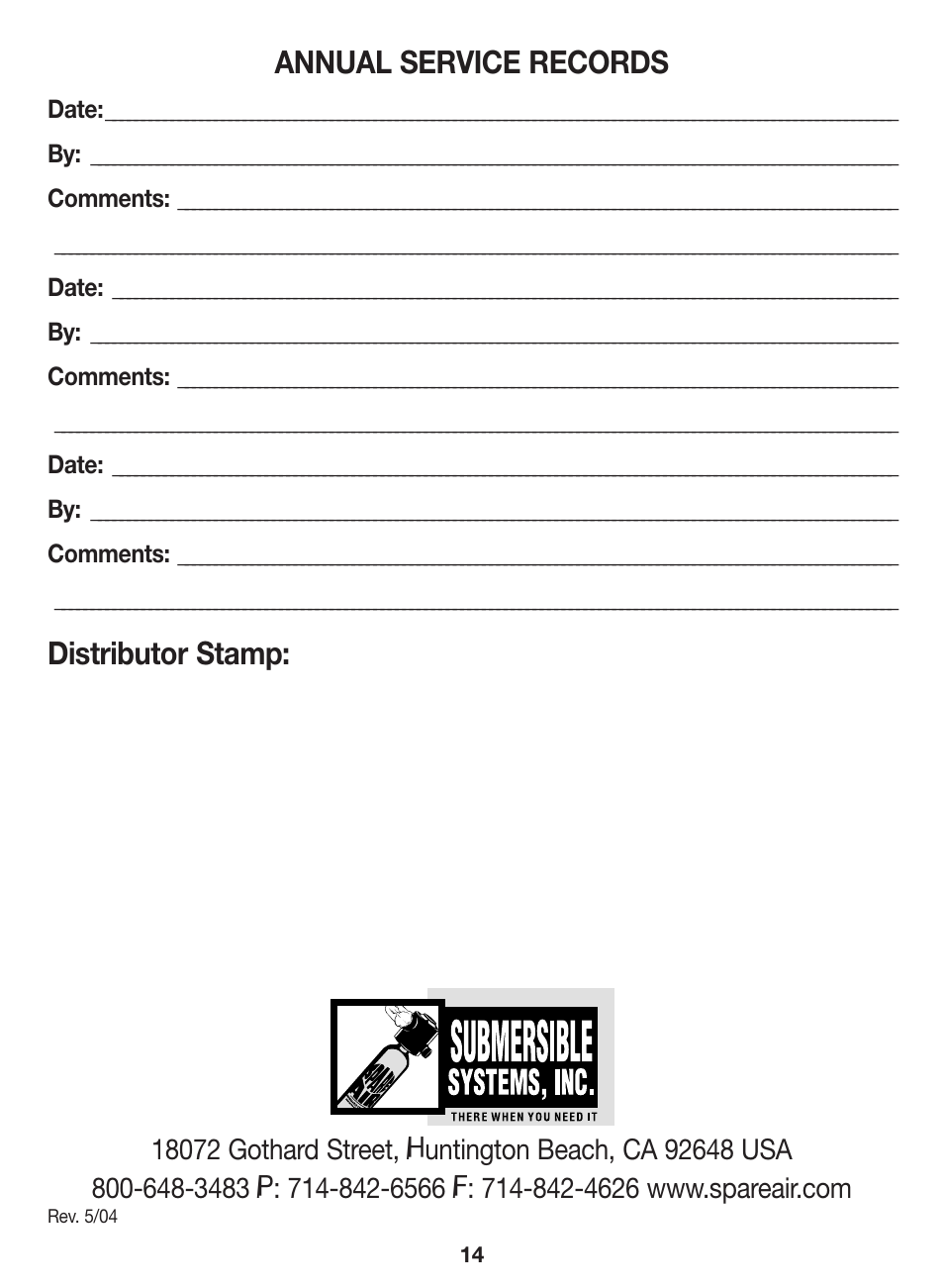Annual service records, Distributor stamp | Mini SPARE AIR User Manual | Page 18 / 20