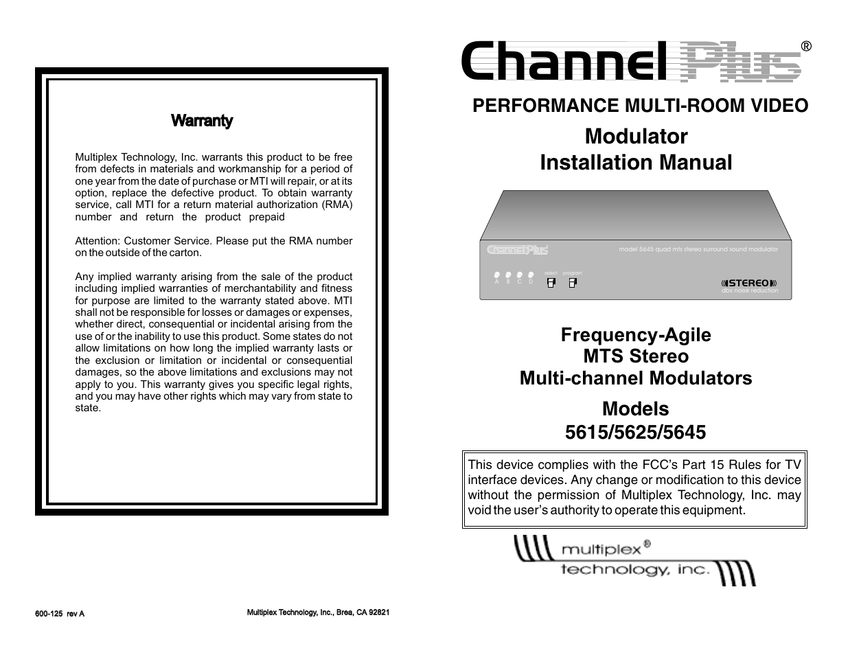 Multiplex Technology CHANNEL PLUS 5615 User Manual | 4 pages