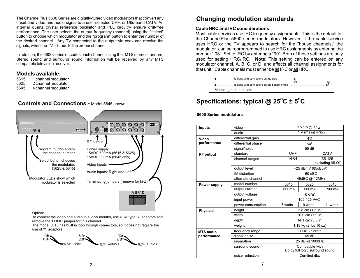 Changing modulation standards, Specifications: typical @ 25 c ± 5 c, Models available | Controls and connections | Multiplex Technology CHANNEL PLUS 5615 User Manual | Page 2 / 4