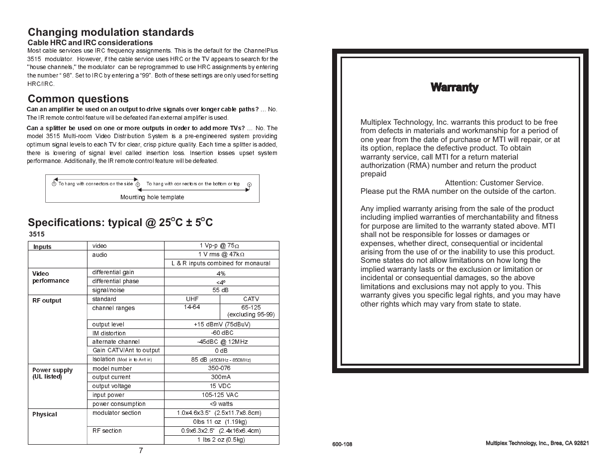 Warranty, Changing modulation standards common questions, Specifications: typical @ 25 c ± 5 c | Multiplex Technology CHANNEL PLUS 3515 User Manual | Page 4 / 4