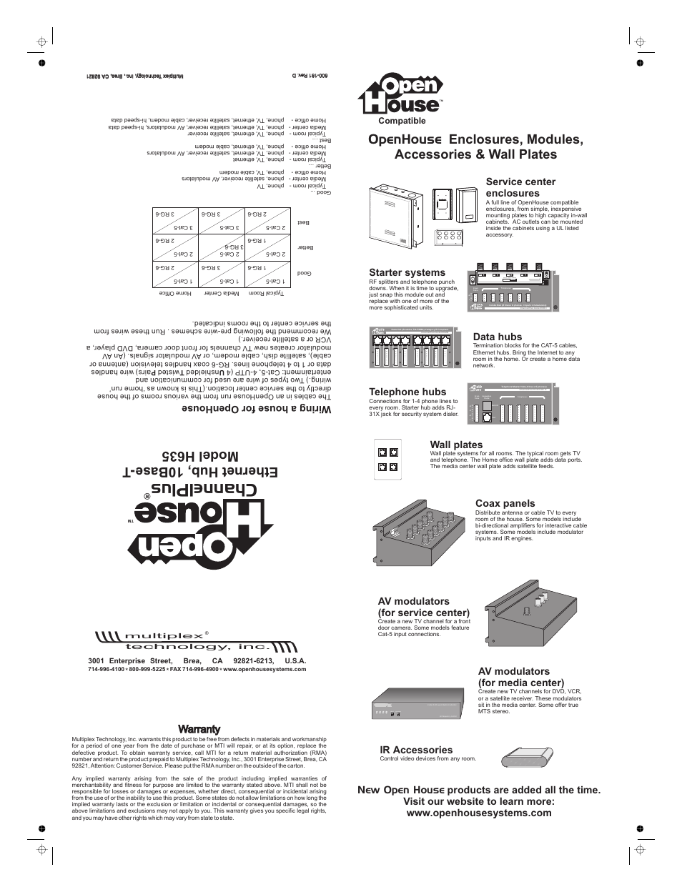 Channelplus, Starter systems, Data hubs | Telephone hubs, Coax panels, Av modulators (for service center), Warranty, Service center enclosures, Av modulators (for media center), Program select wall plates | Multiplex Technology H635 User Manual | Page 2 / 2