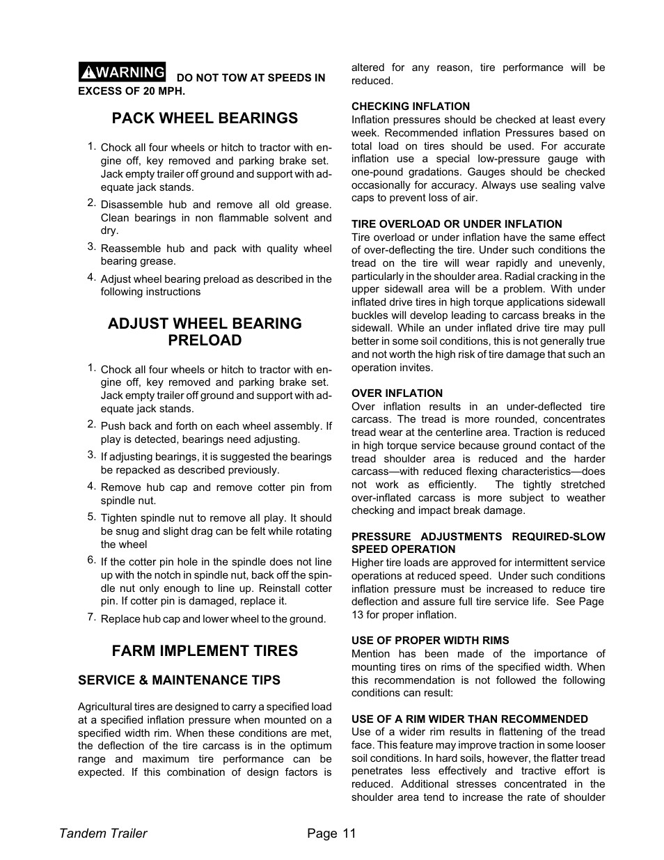 Pack wheel bearings 11, Adjust wheel bearing preload 11, Farm implement tires 11 | Service & maintenance tips 11, Pack wheel bearings, Adjust wheel bearing preload, Farm implement tires, Service & maintenance tips | Meyer XT1600L User Manual | Page 11 / 28