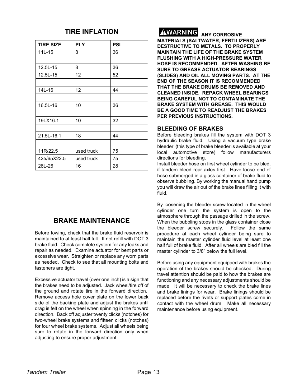 Brake maintenance 13, Bleeding of brakes 13, Tire inflation 13 | Brake maintenance, Bleeding of brakes, Tire inflation | Meyer XT1600L User Manual | Page 13 / 28
