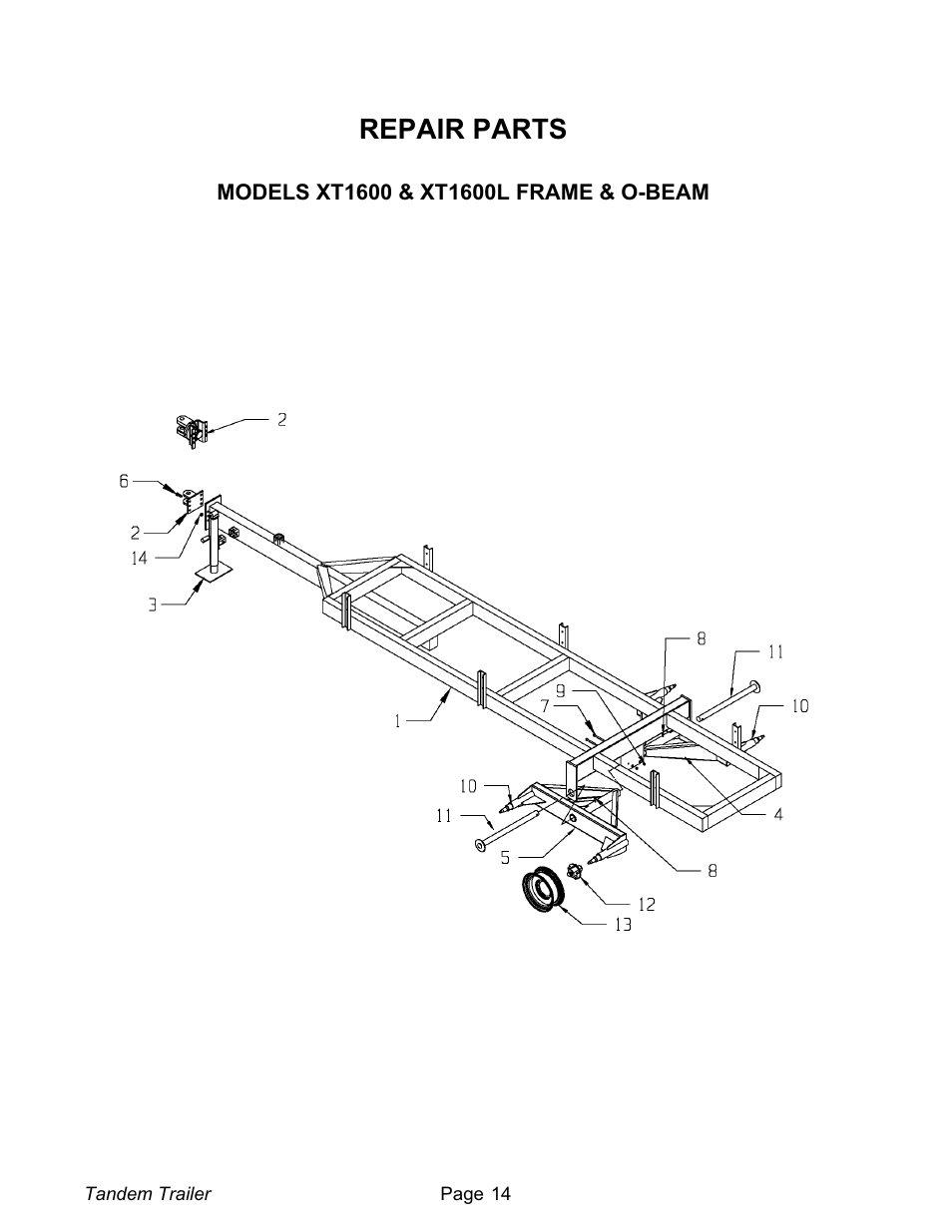Repair parts 14, Models xt1600 & xt1600l frame & o-beam 14, Repair parts | Models xt1600 & xt1600l frame & o-beam | Meyer XT1600L User Manual | Page 14 / 28