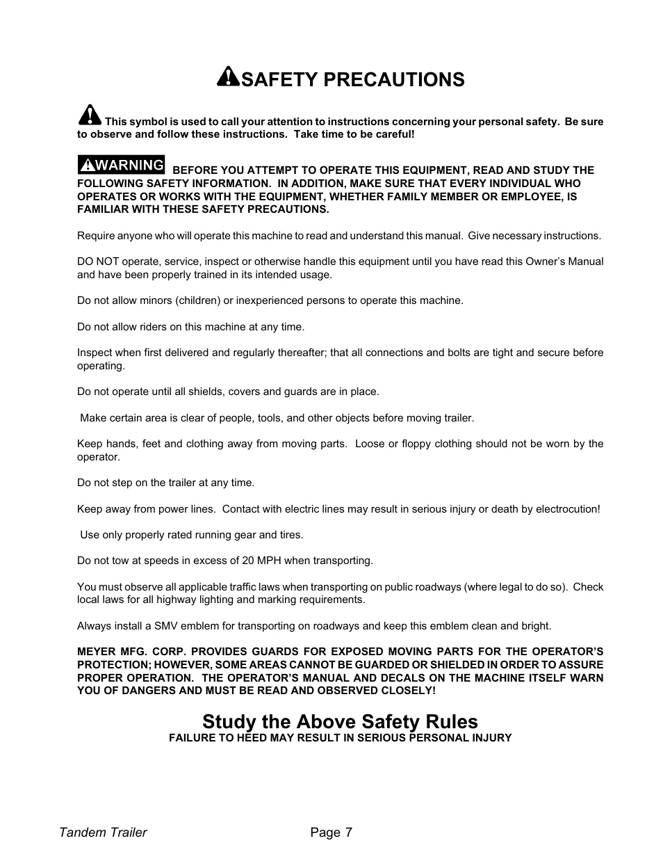 Safety precautions 7, Safety precautions, Study the above safety rules | Meyer XT1600L User Manual | Page 7 / 28