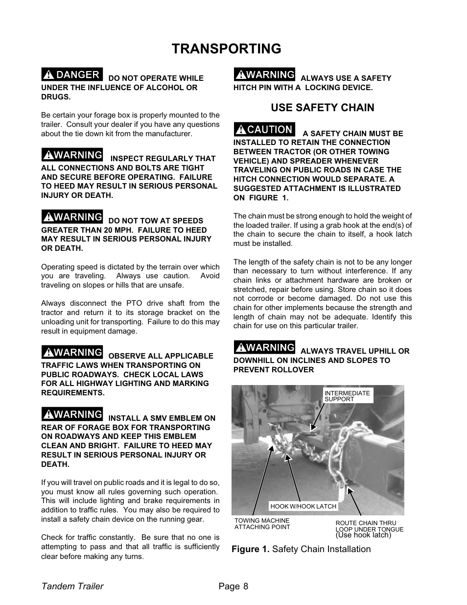 Transporting 8, Use safety chain 8, Transporting | Use safety chain | Meyer XT1600L User Manual | Page 8 / 28
