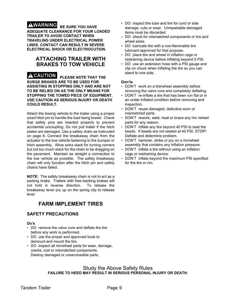 Attaching trailer with brakes to tow vehicle 9, Farm implement tires 9, Safety precautions 9 | Attaching trailer with brakes to tow vehicle, Farm implement tires, Safety precautions, Study the above safety rules | Meyer XT1600L User Manual | Page 9 / 28