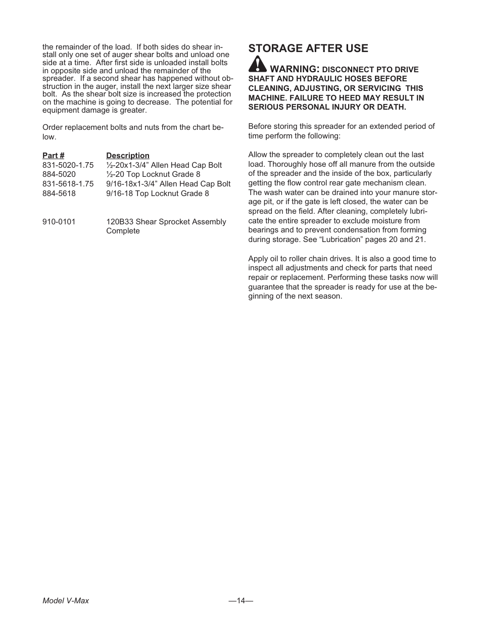 Stor age after use 14, Storage after use | Meyer V- MAX 3954 User Manual | Page 14 / 60