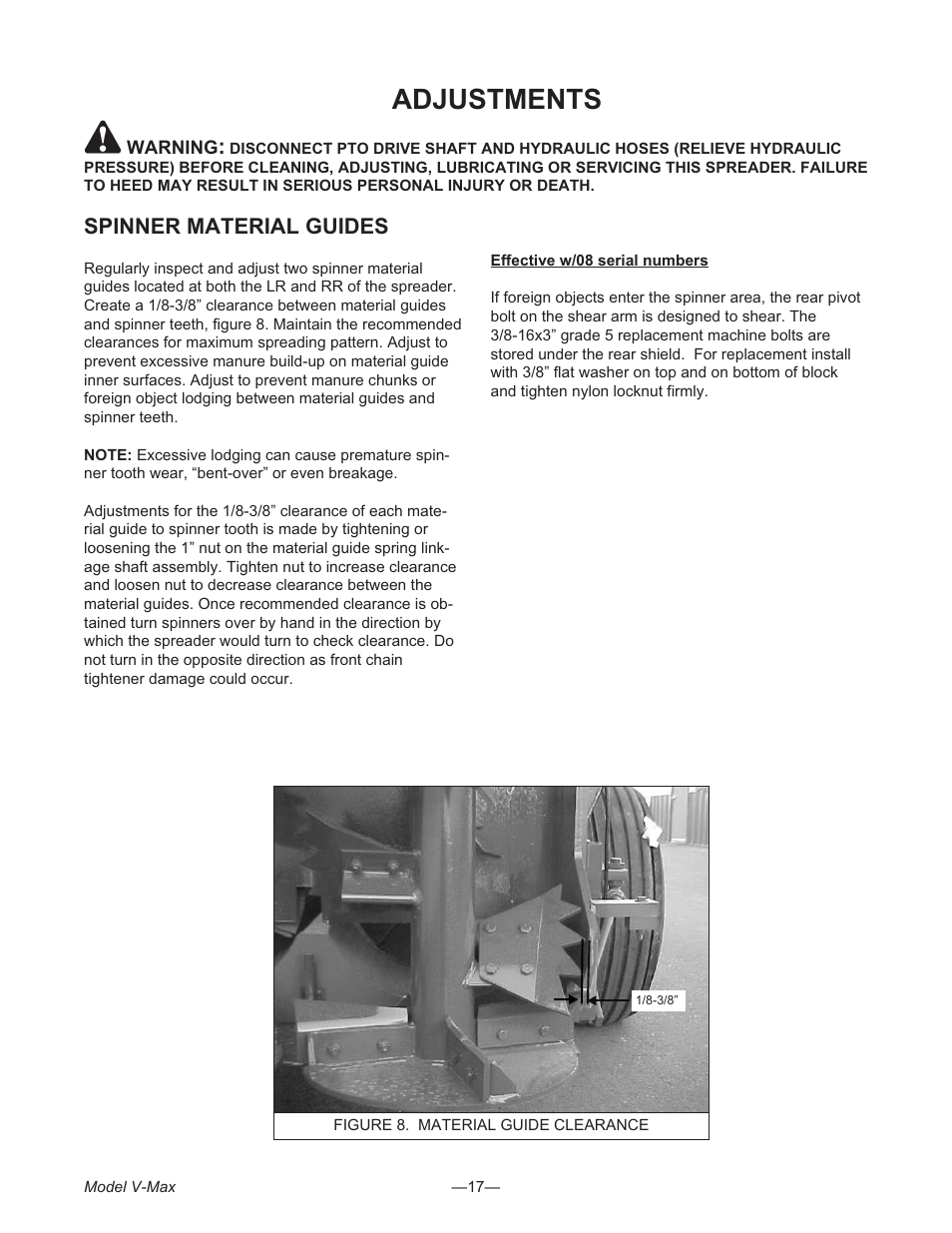 Adjustments 17, Spinner ma te rial guides 17, Adjustments | Spinner material guides | Meyer V- MAX 3954 User Manual | Page 17 / 60