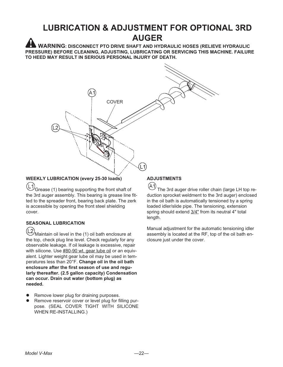 Lubrication & adjustment for optional 3rd auger 22, Lubrication & adjustment for optional 3rd auger | Meyer V- MAX 3954 User Manual | Page 22 / 60