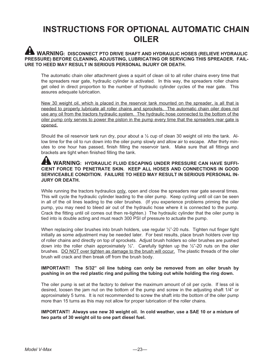 Instructions for optional automatic chain oiler 23, Instructions for optional automatic chain oiler | Meyer V- MAX 3954 User Manual | Page 23 / 60