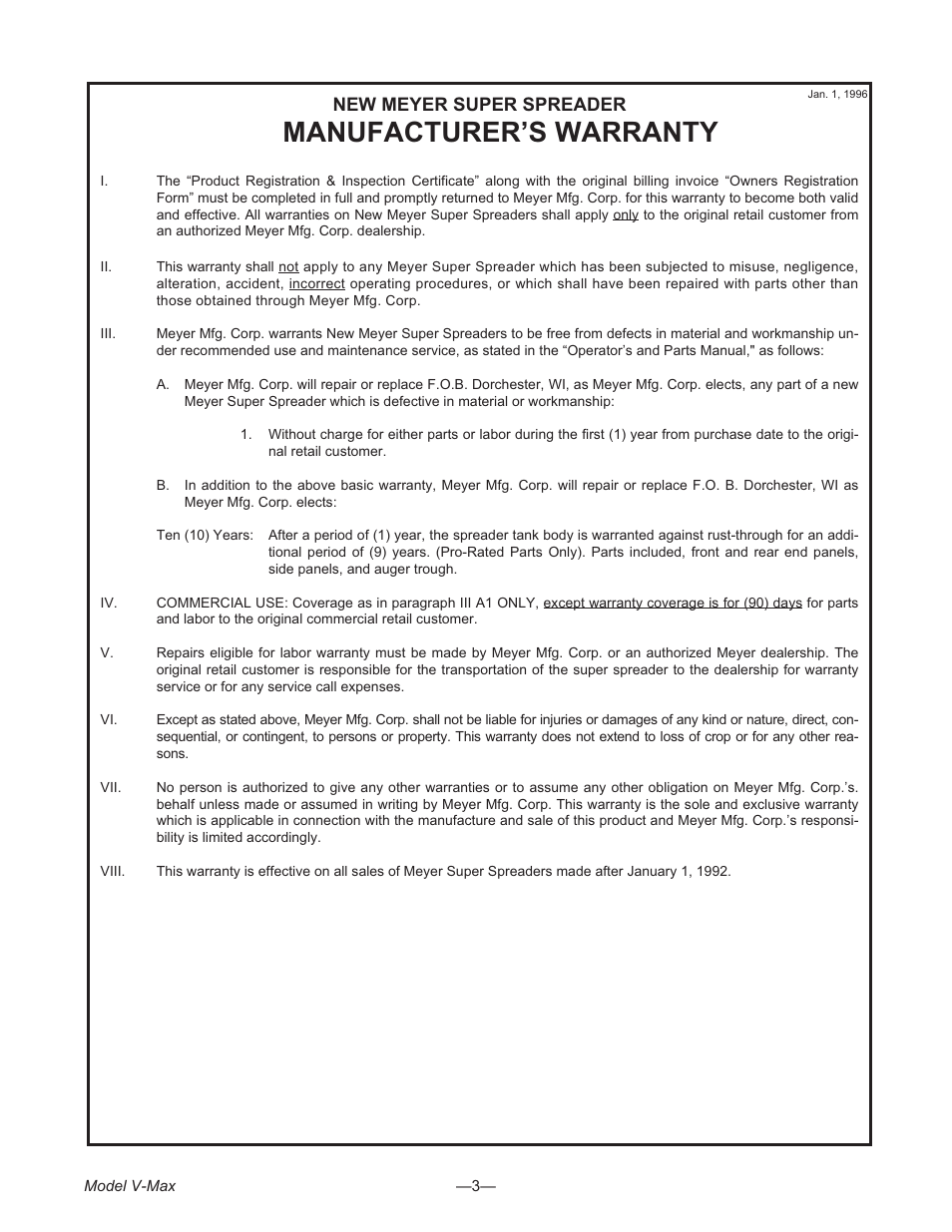 Manufacturer™s warranty 3, Manufacturer’s warranty | Meyer V- MAX 3954 User Manual | Page 3 / 60