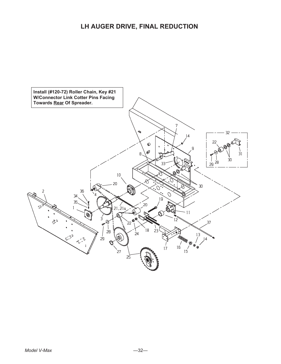 Lh auger drive, fi nal re duc tion 32, Lh auger drive, final reduction | Meyer V- MAX 3954 User Manual | Page 32 / 60